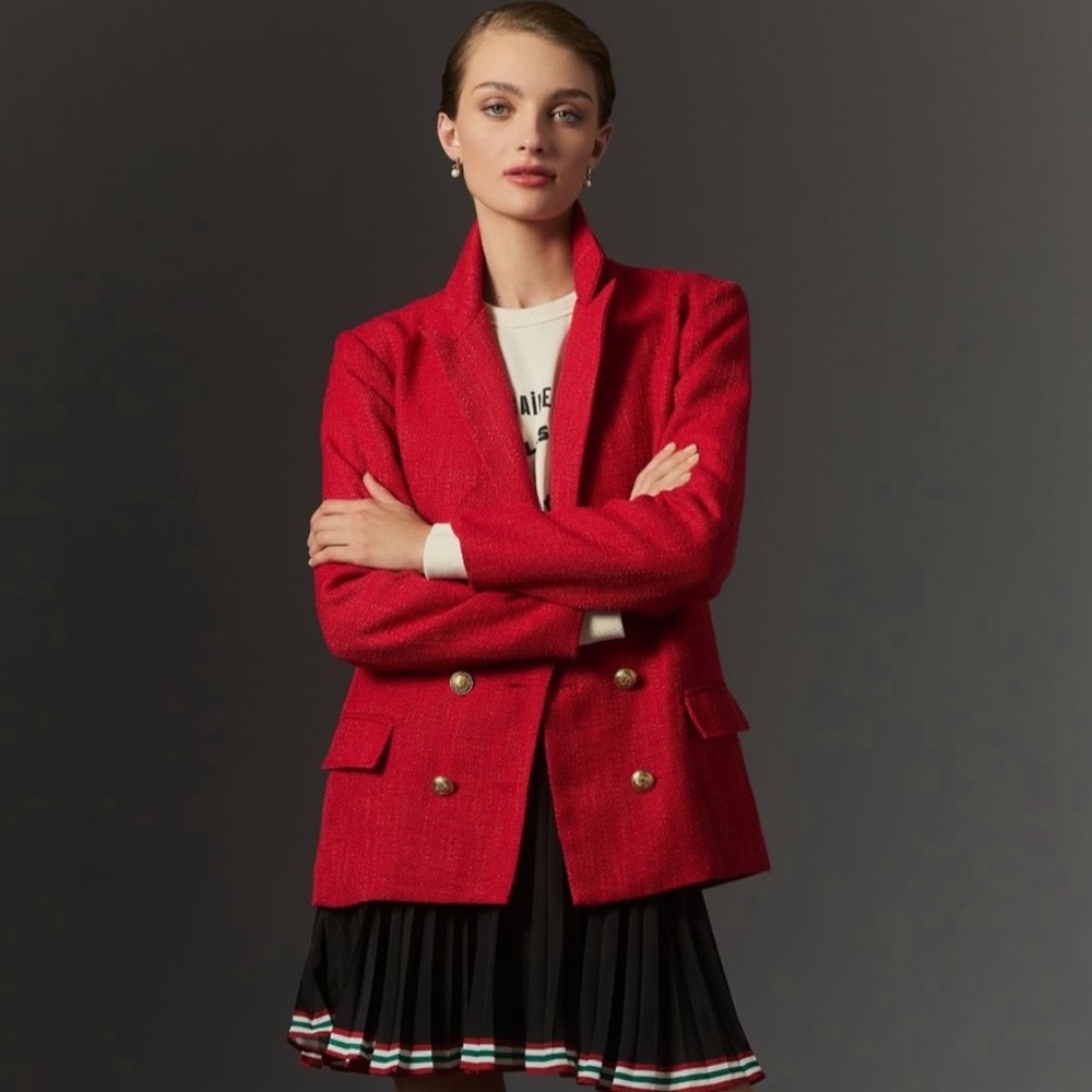 BISHOP + YOUNG Anthropologie Oversized Red Tweed Blazer Gold Button Preppy L